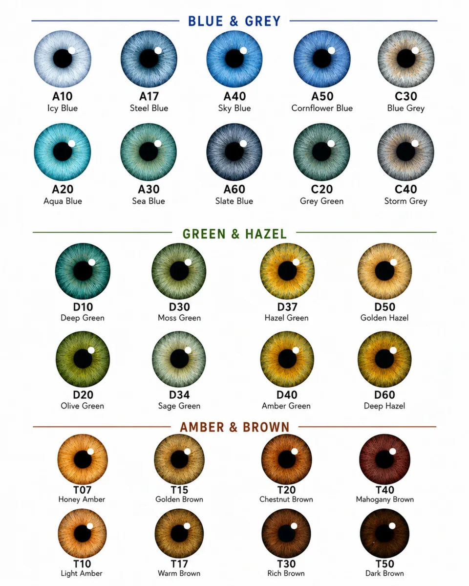 A10 to T50 eye color reference chart showing blue, gray, green, hazel, amber, and brown irises
