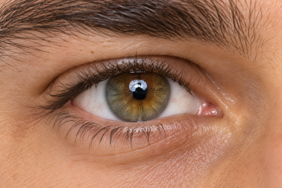 Photographic close-up of the model's hazel eye, showing muted olive and golden-brown iris fibers around the pupil