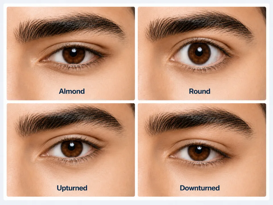 Cropped eye-region diagram with eyelid contour lines, canthal points, and tilt measurement overlays