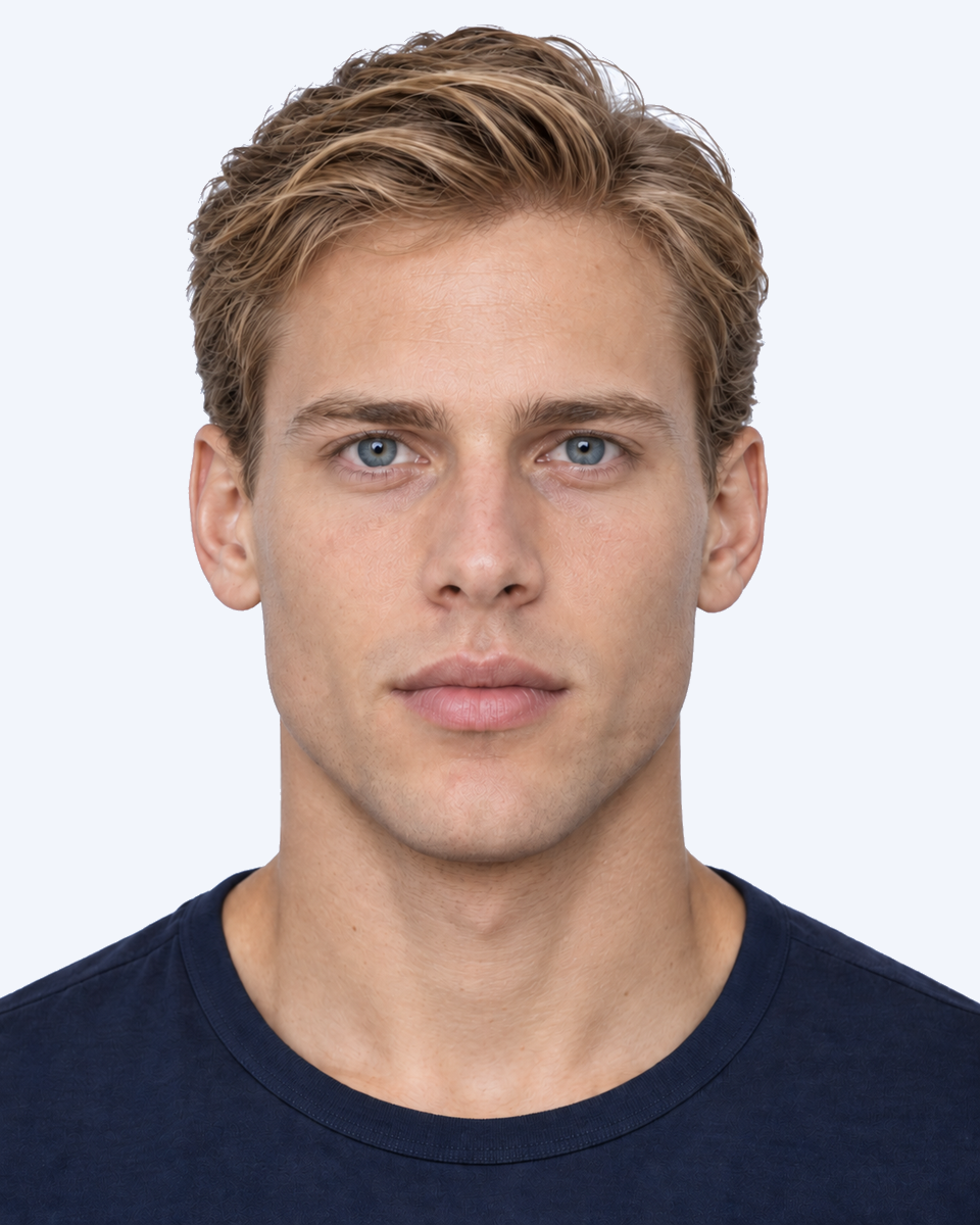 Male portrait with closely spaced brows and upper eyelids