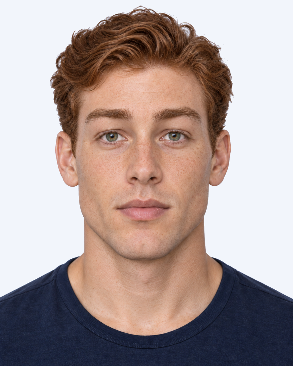 Frontal male portrait with higher pupil-to-brow distance