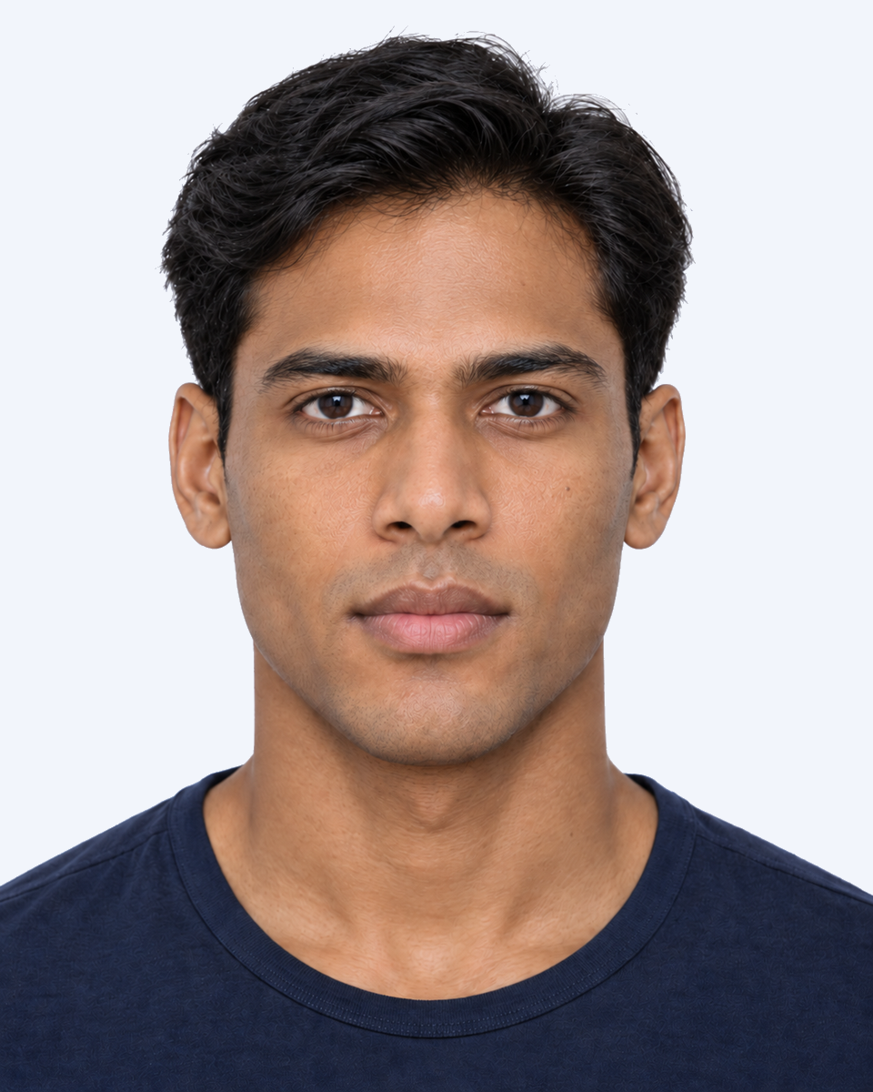 Frontal male portrait with lower pupil-to-brow peak distance