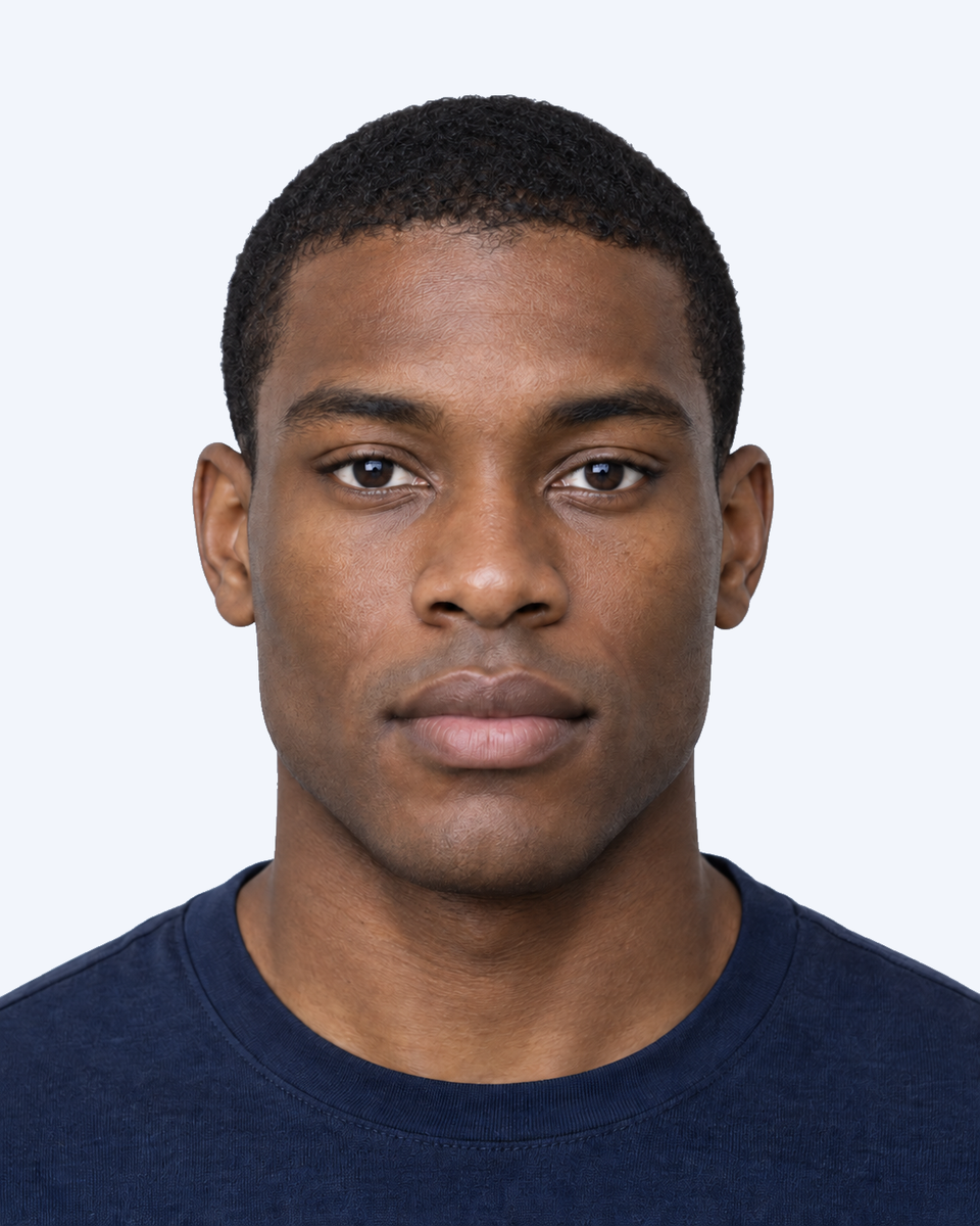 Same-person synthetic frontal portrait: The outer eye corners sit higher relative to the inner corners, making the upward slope steeper.
