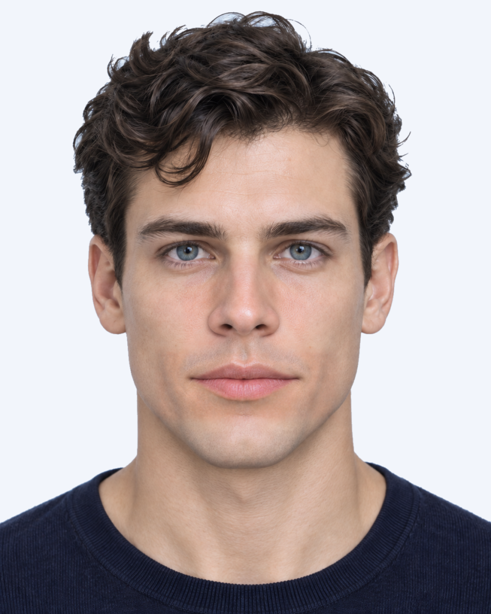 Front-facing synthetic male portrait: An intermediate nose width, with the mouth unchanged. Mouth-to-nose width ratio 1.380.