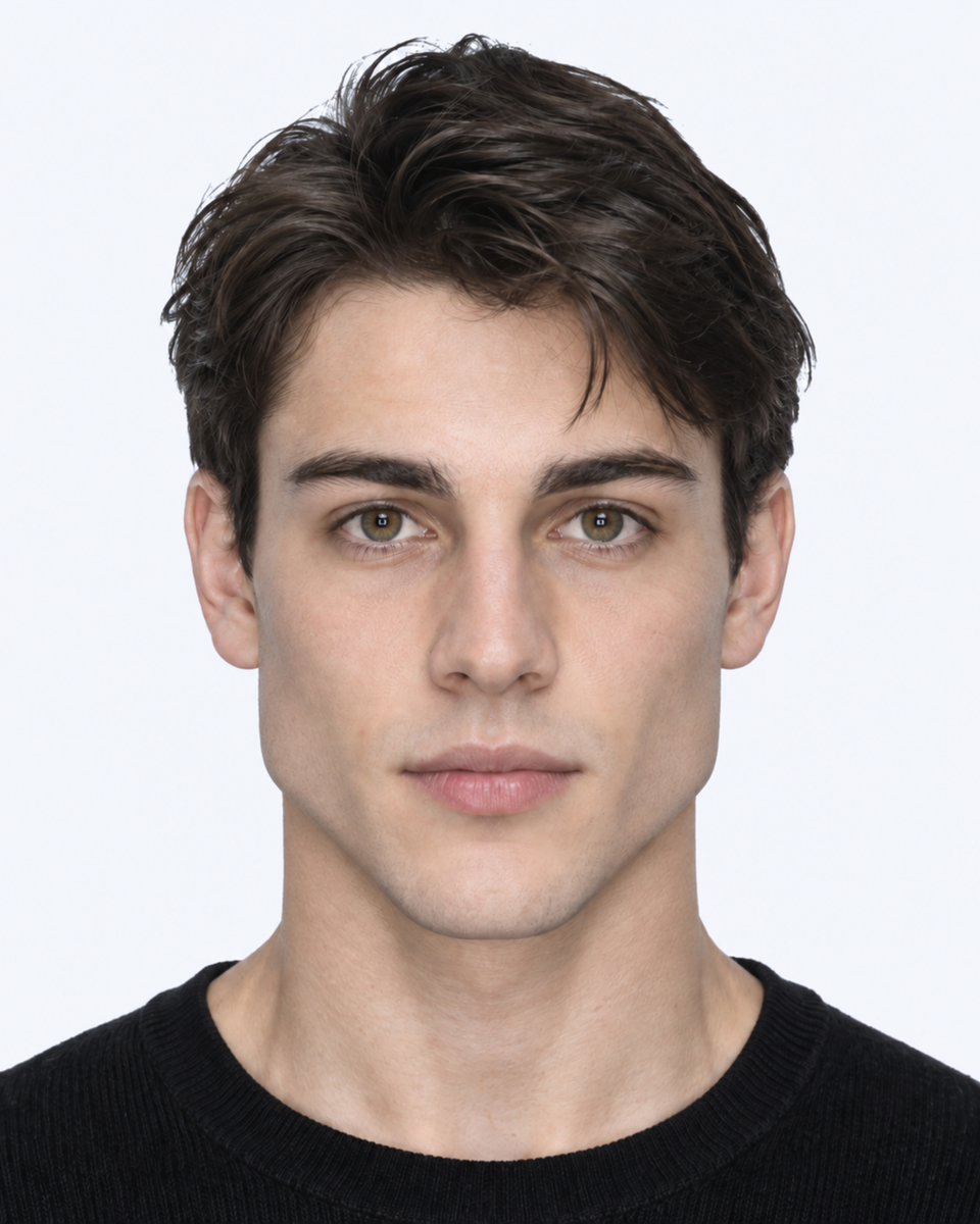 Same-person synthetic frontal portrait: The rear jaw angles are broader relative to the cheekbones.