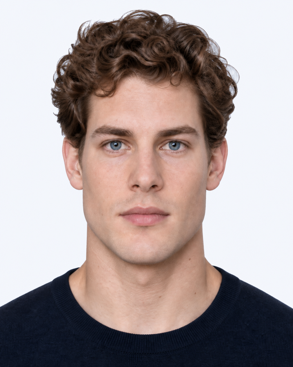 Same-person synthetic frontal portrait: The temples are narrower relative to the cheekbones.