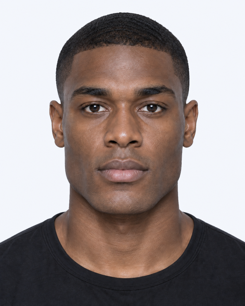 Same-person synthetic frontal portrait: The chin base is slightly broader from side to side. Compare the transitions from the lower jaw into the chin.