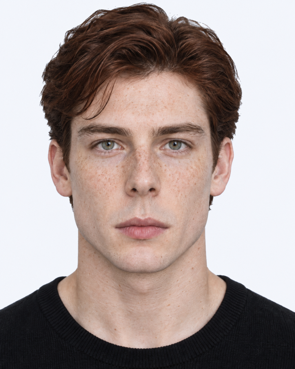 Same-person synthetic frontal portrait: The mouth sits farther below the pupils, narrowing the angle at the mouth.