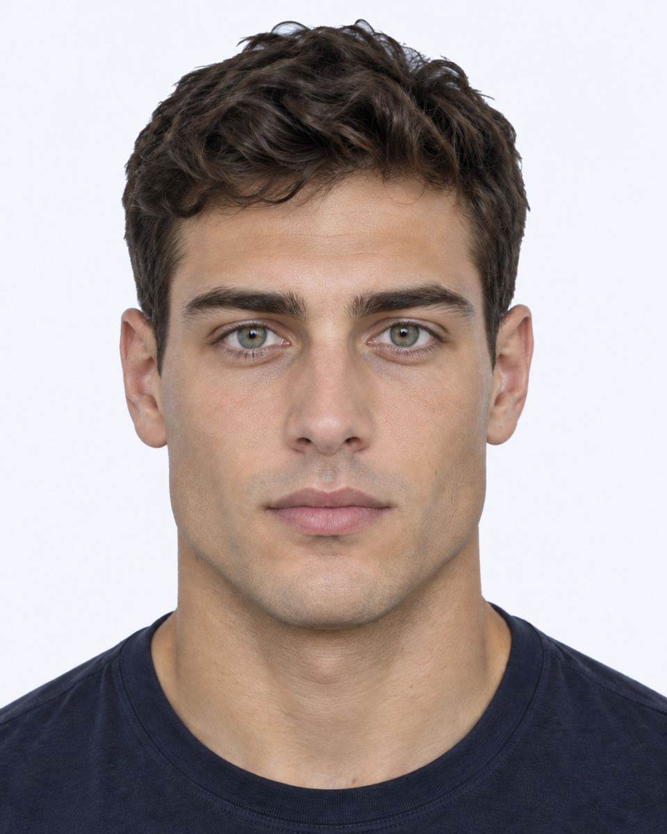 Same-person synthetic frontal portrait: The eye openings are longer horizontally relative to the cheekbone width.