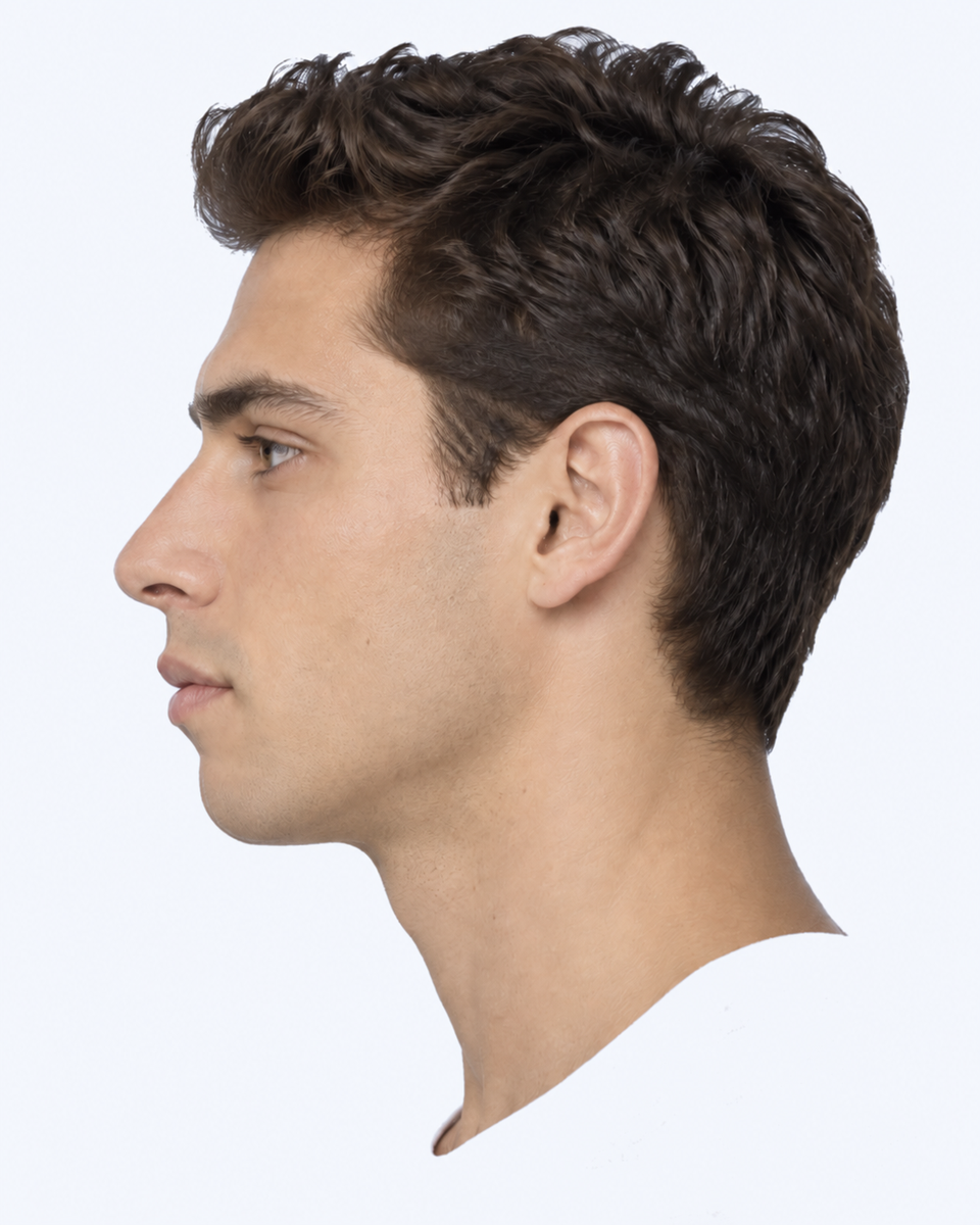 Same-person synthetic profile portrait: The chin sits farther back toward the neck, giving the profile a more convex outline.