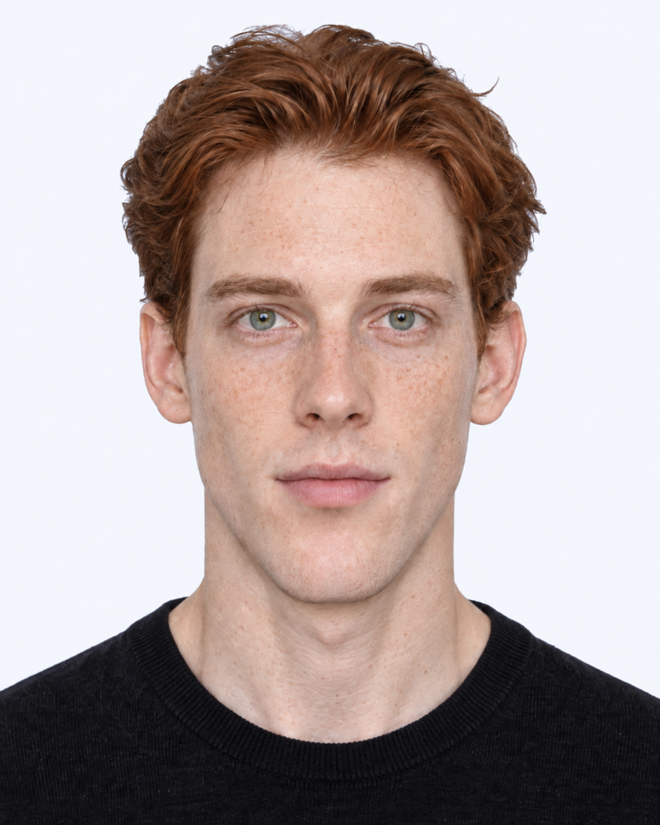 Same-person synthetic frontal portrait: The chin extends farther downward, making the lower facial third a larger share of the face.