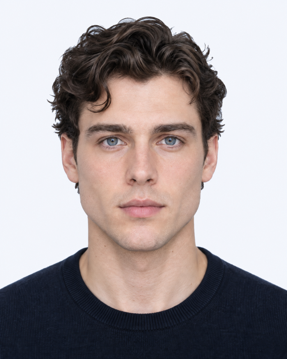 Same-person synthetic frontal portrait: The cheekbone contours are broader relative to the height from the nose root to the upper lip.