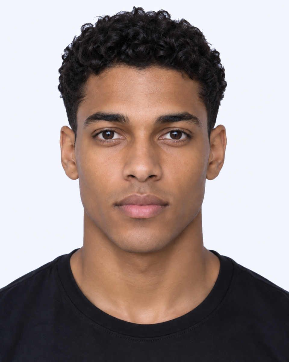 Same-person synthetic frontal portrait: The gap between the inner eye corners is wider relative to the width of each eye.