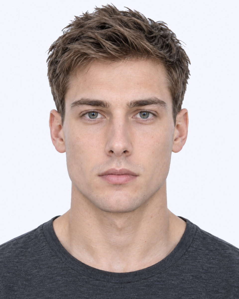 Same-person synthetic frontal portrait: The nasal base sits farther below the outer eye corners, narrowing the angle between them.