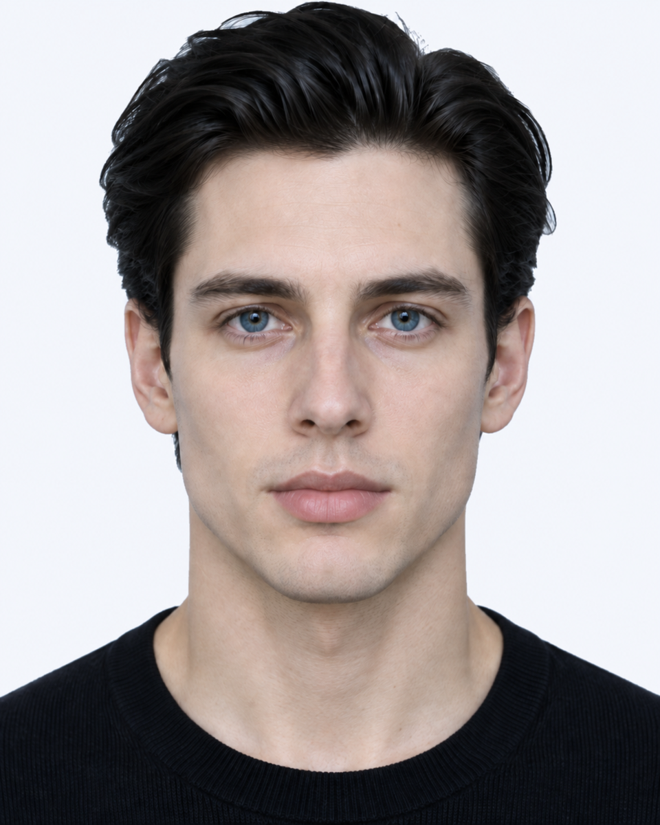 Same-person synthetic frontal portrait: The lower lip is fuller vertically relative to the upper lip.