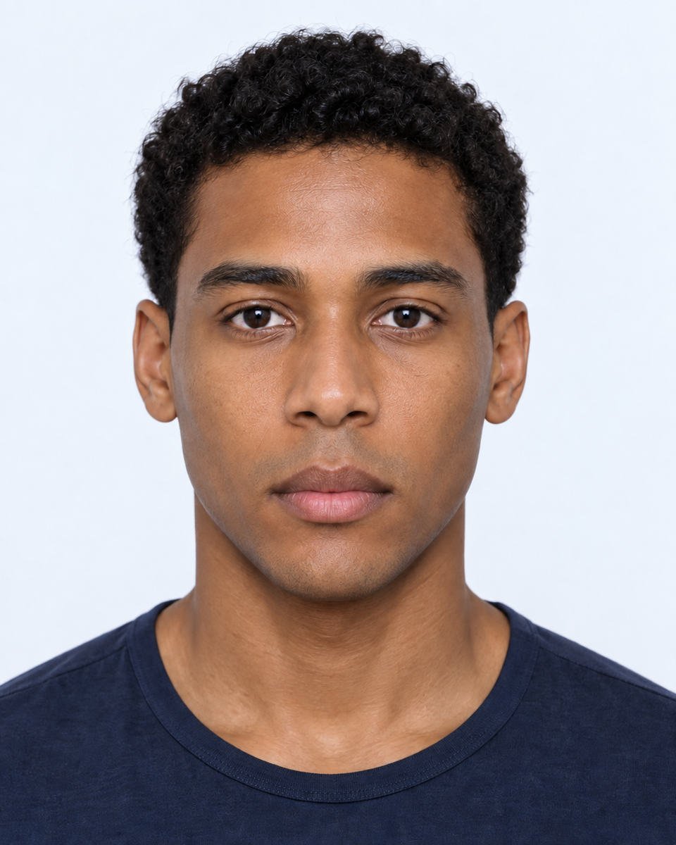 Same-person synthetic frontal portrait: The mouth sits farther below the eyes, lengthening the central midface relative to pupil spacing.