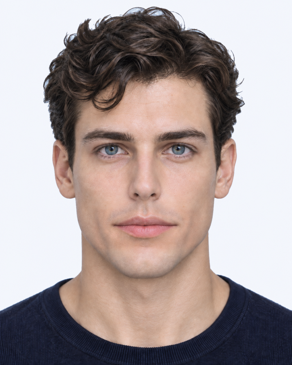 Same-person synthetic frontal portrait: The nasal base is slightly narrower relative to the mouth. Look at the outer nasal wings; the difference is subtle.