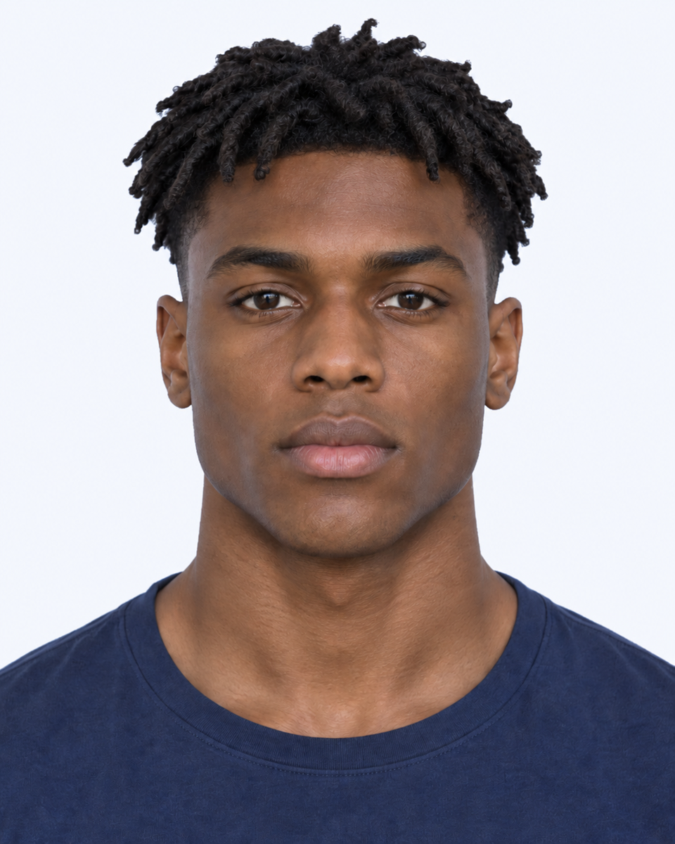 Same-person synthetic frontal portrait: The neck is broader beneath the jaw. Compare its side contours with the jaw angles.