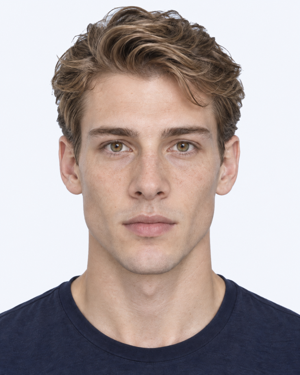 Same-person synthetic frontal portrait: The nasal base is broader relative to the vertical length of the nose.