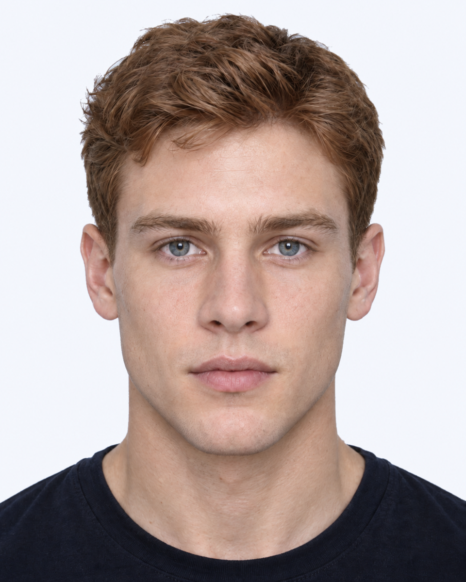 Same-person synthetic frontal portrait: The outer nasal wings are farther apart relative to the cheekbone width.