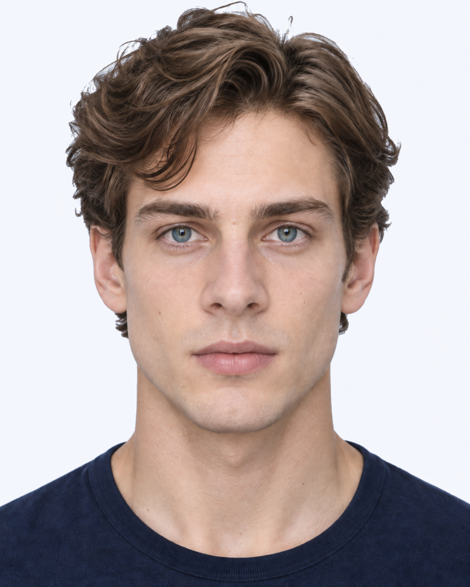 Same-person synthetic frontal portrait: The nasal base is broader relative to the gap between the inner eye corners.