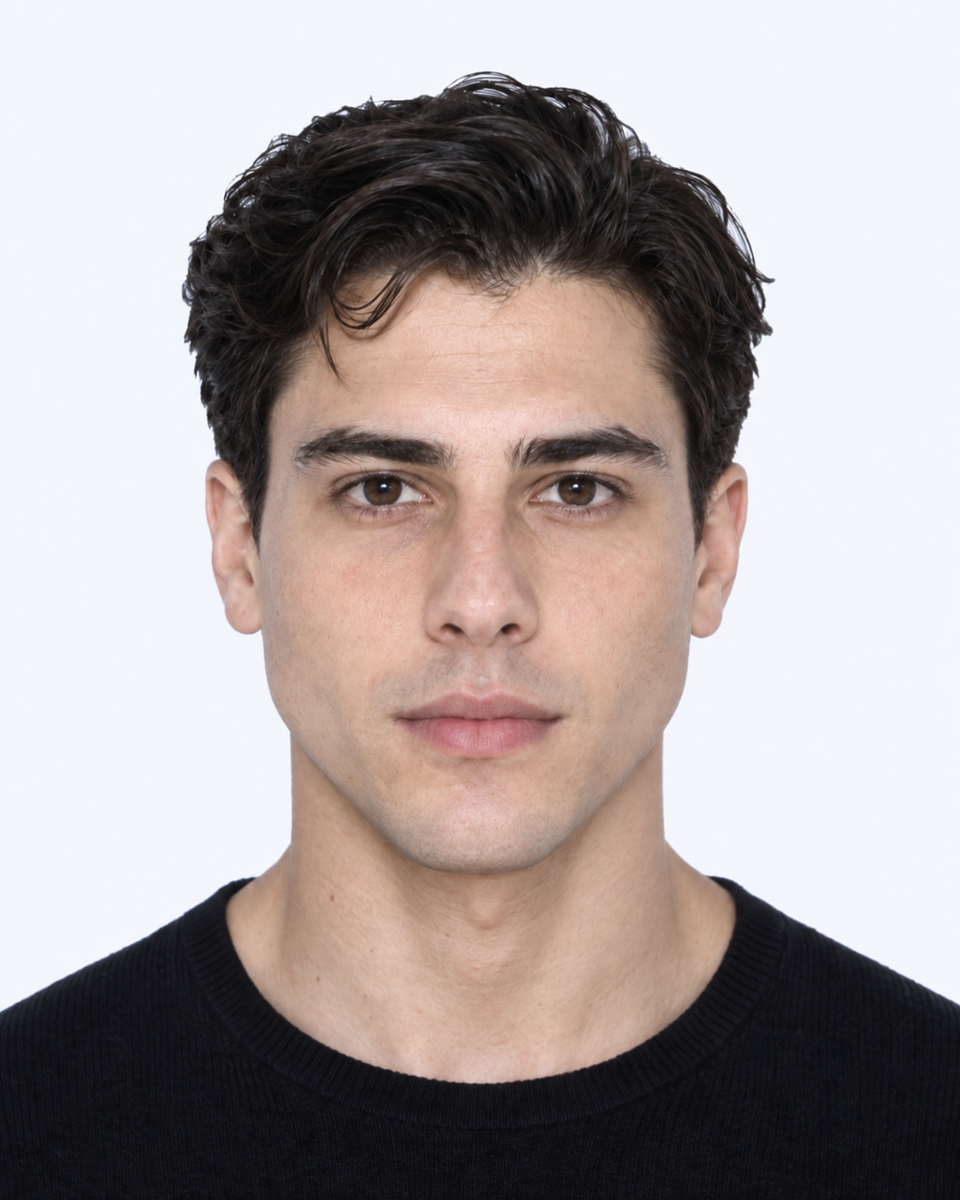 Same-person synthetic frontal portrait: The cheekbone contours are broader relative to the full facial height.
