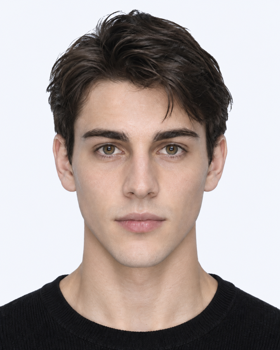 Same-person synthetic frontal portrait: The rear jaw angles are narrower relative to the cheekbones.