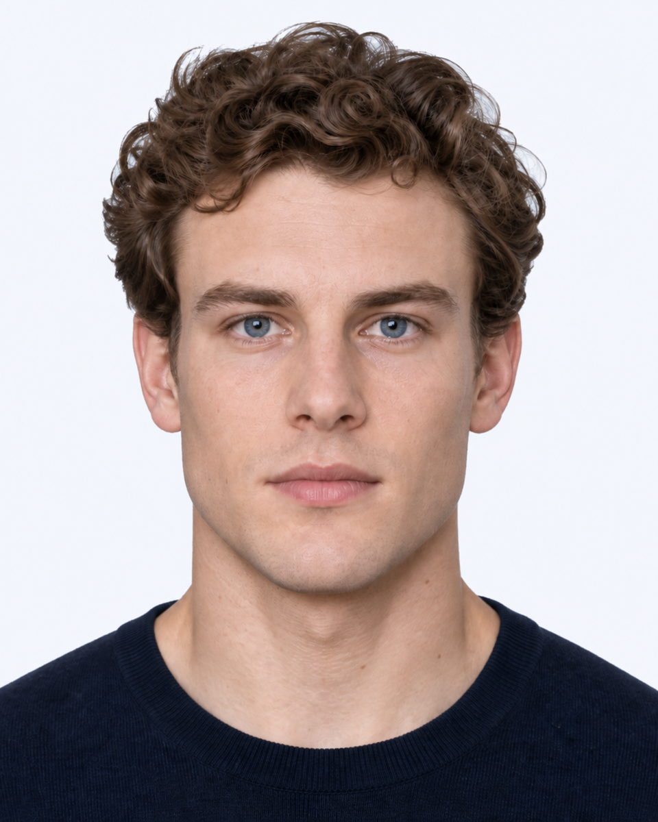 Same-person synthetic frontal portrait: The temples are broader relative to the cheekbones.