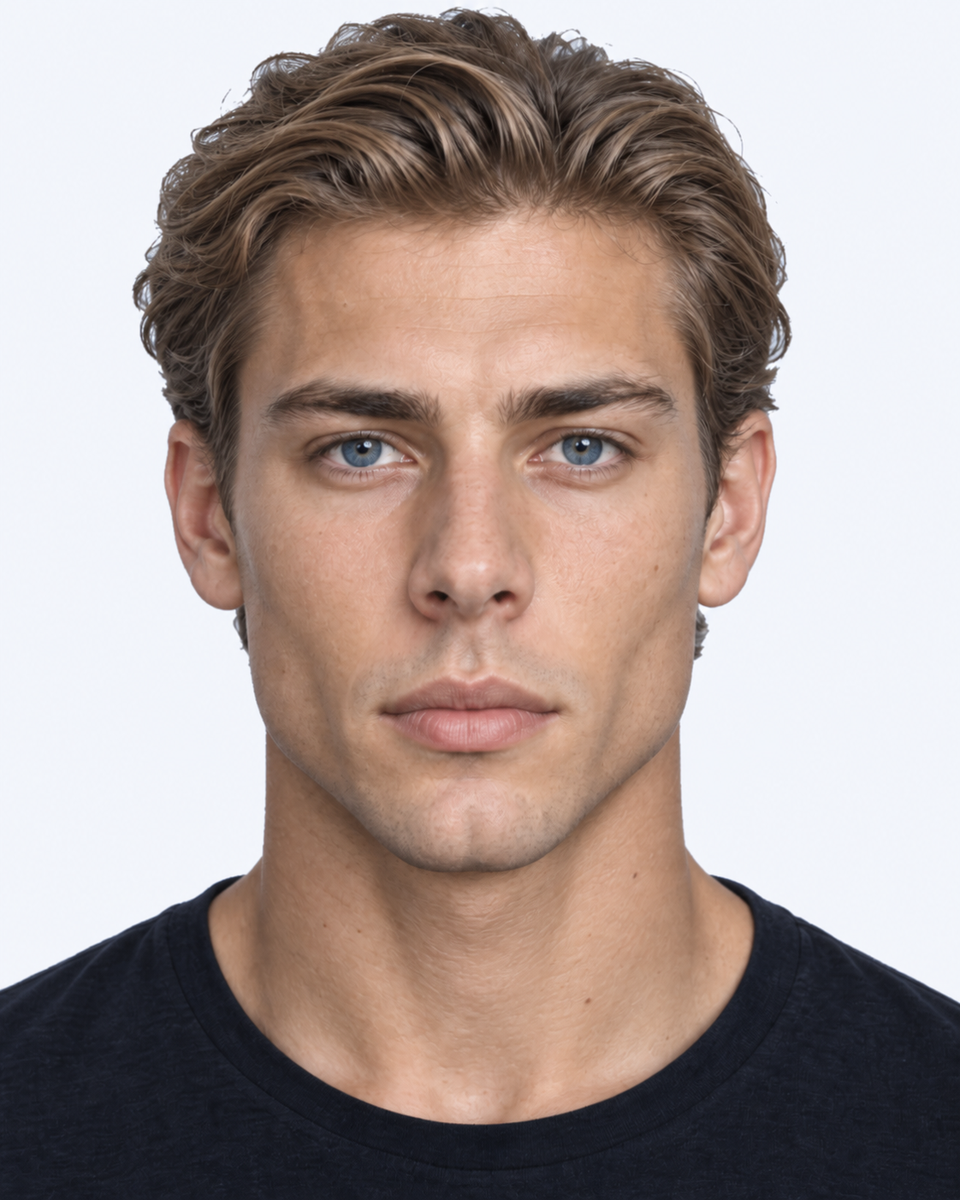 Same-person synthetic frontal portrait: The lips sit lower while the baseline chin stays fixed, lengthening the philtrum relative to the chin.
