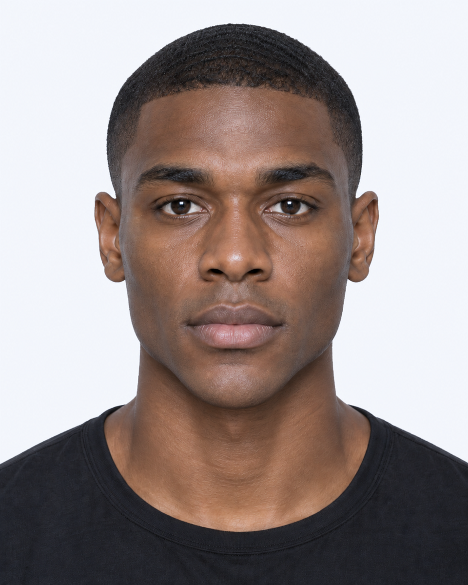 Same-person synthetic frontal portrait: The chin base is narrower relative to the cheekbones.