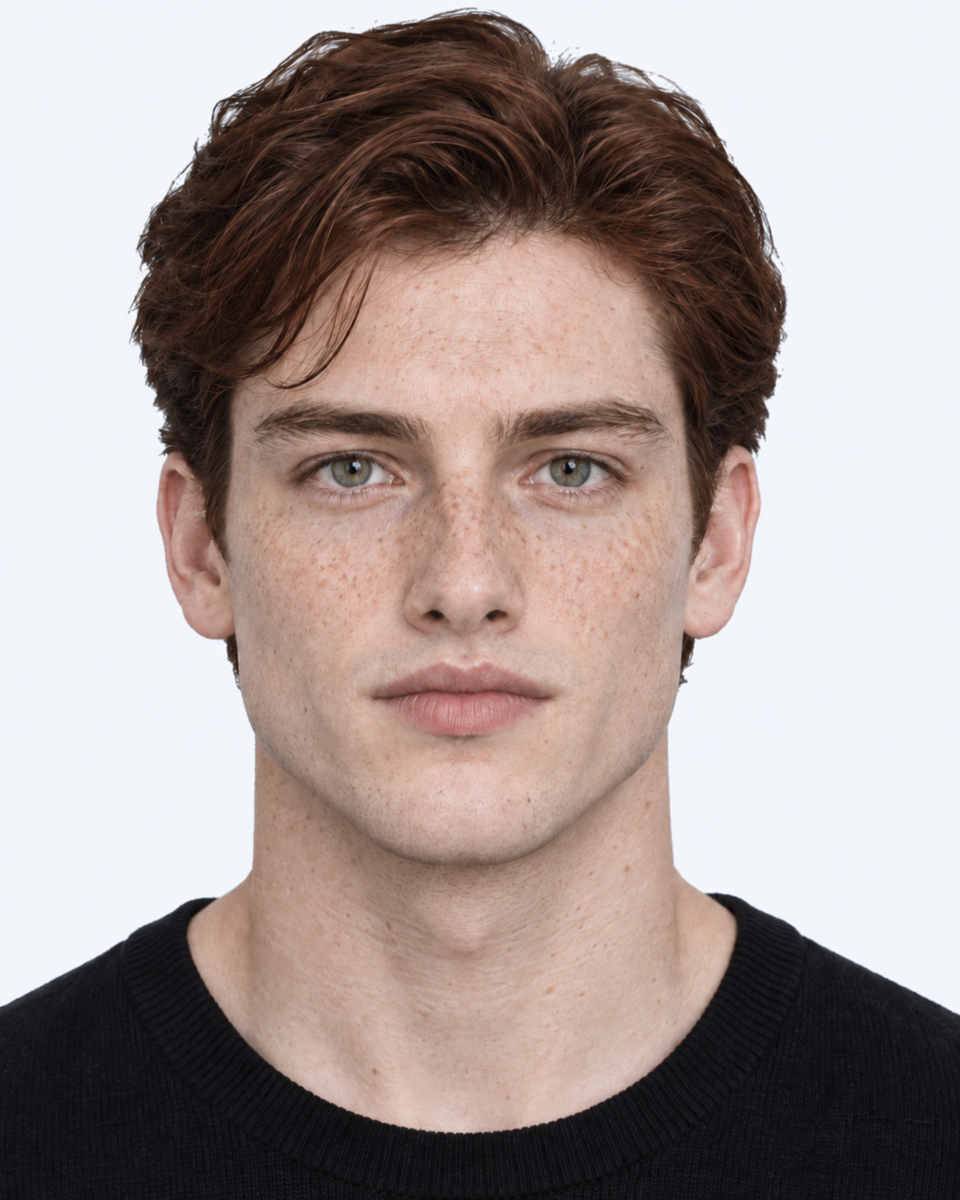 Same-person synthetic frontal portrait: The mouth sits closer to the pupils, widening the angle at the mouth.
