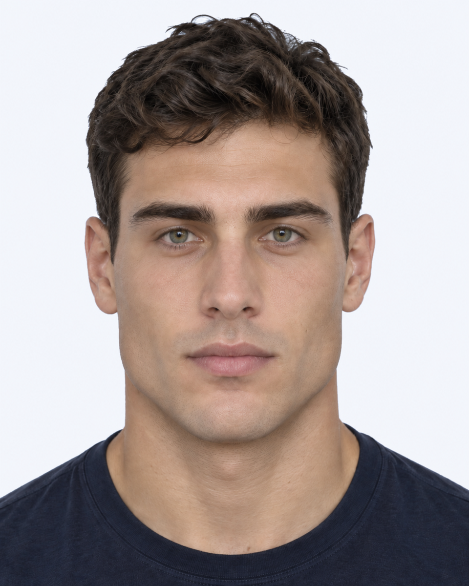 Same-person synthetic frontal portrait: The eye openings are shorter horizontally relative to face width.