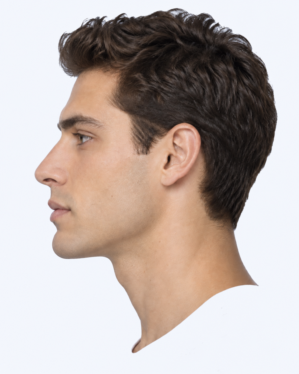Same-person synthetic profile portrait: The chin projects farther forward, making the profile straighter.