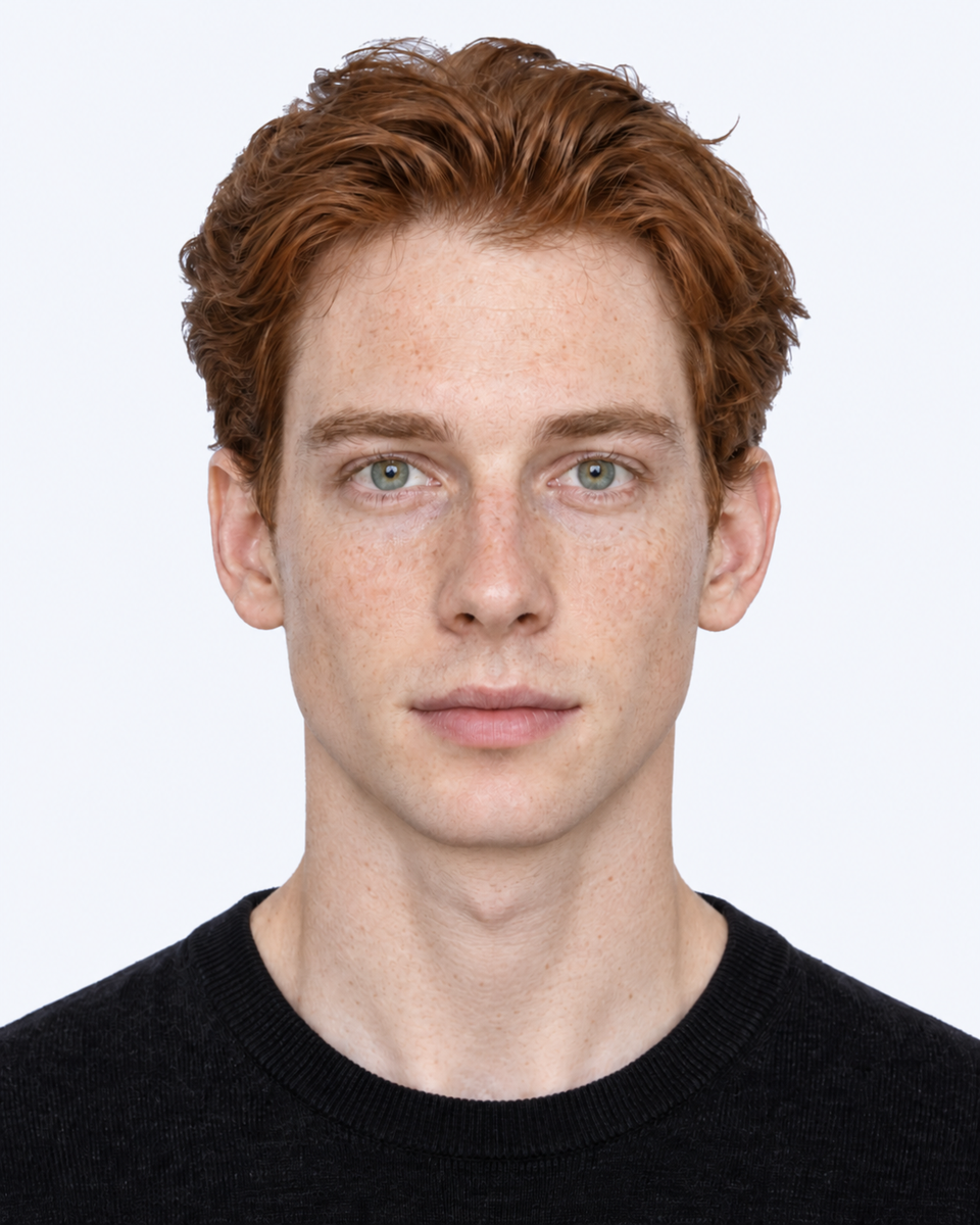 Same-person synthetic frontal portrait: The shorter chin makes the lower third a smaller share of facial height.