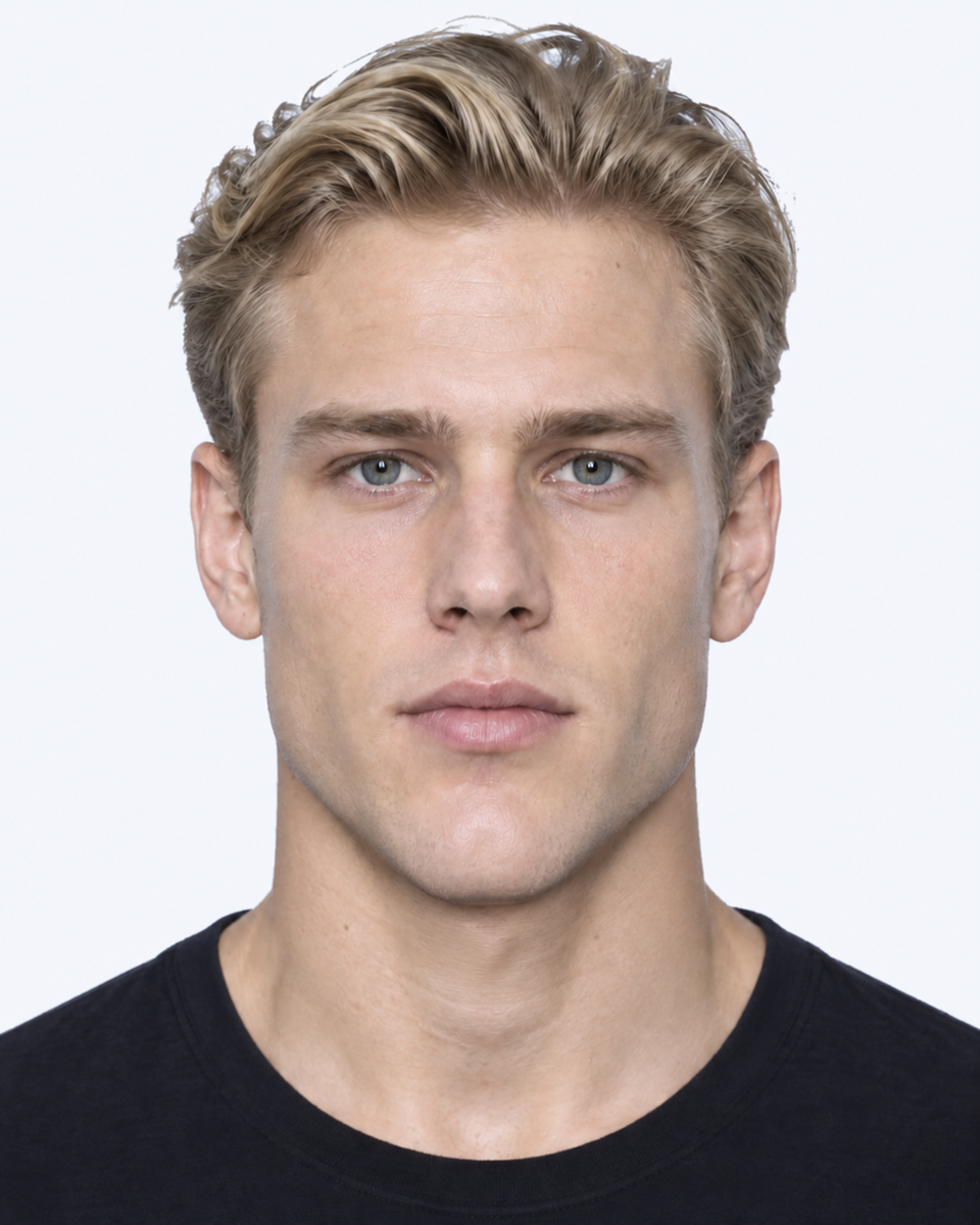 Same-person synthetic frontal portrait: The lower facial third is longer.