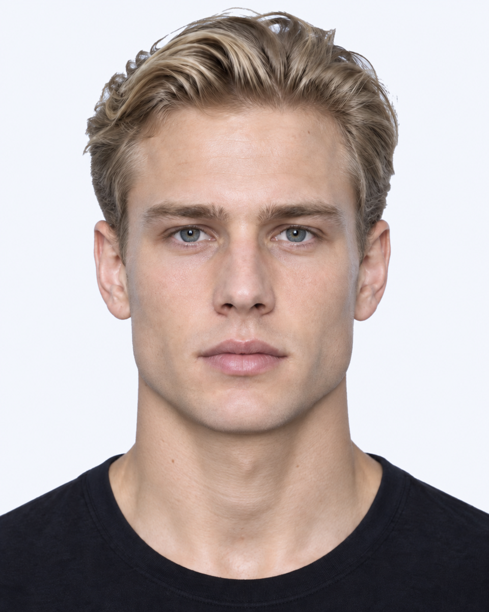 Same-person synthetic frontal portrait: The lower facial third is shorter.