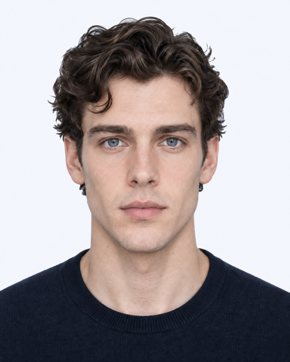 Same-person synthetic frontal portrait: The cheekbones are narrower relative to upper-face height.