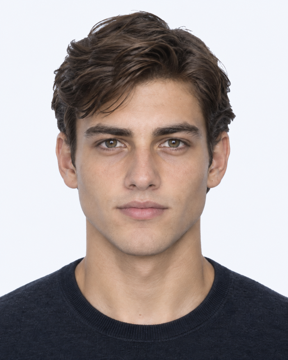 Same-person synthetic frontal portrait: The upper-face height is shorter relative to cheekbone width.