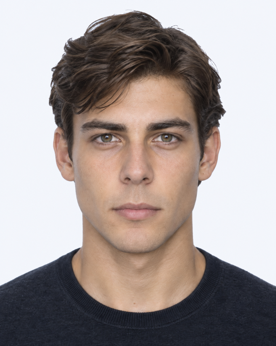 Same-person synthetic frontal portrait: The upper-face height is longer relative to cheekbone width.