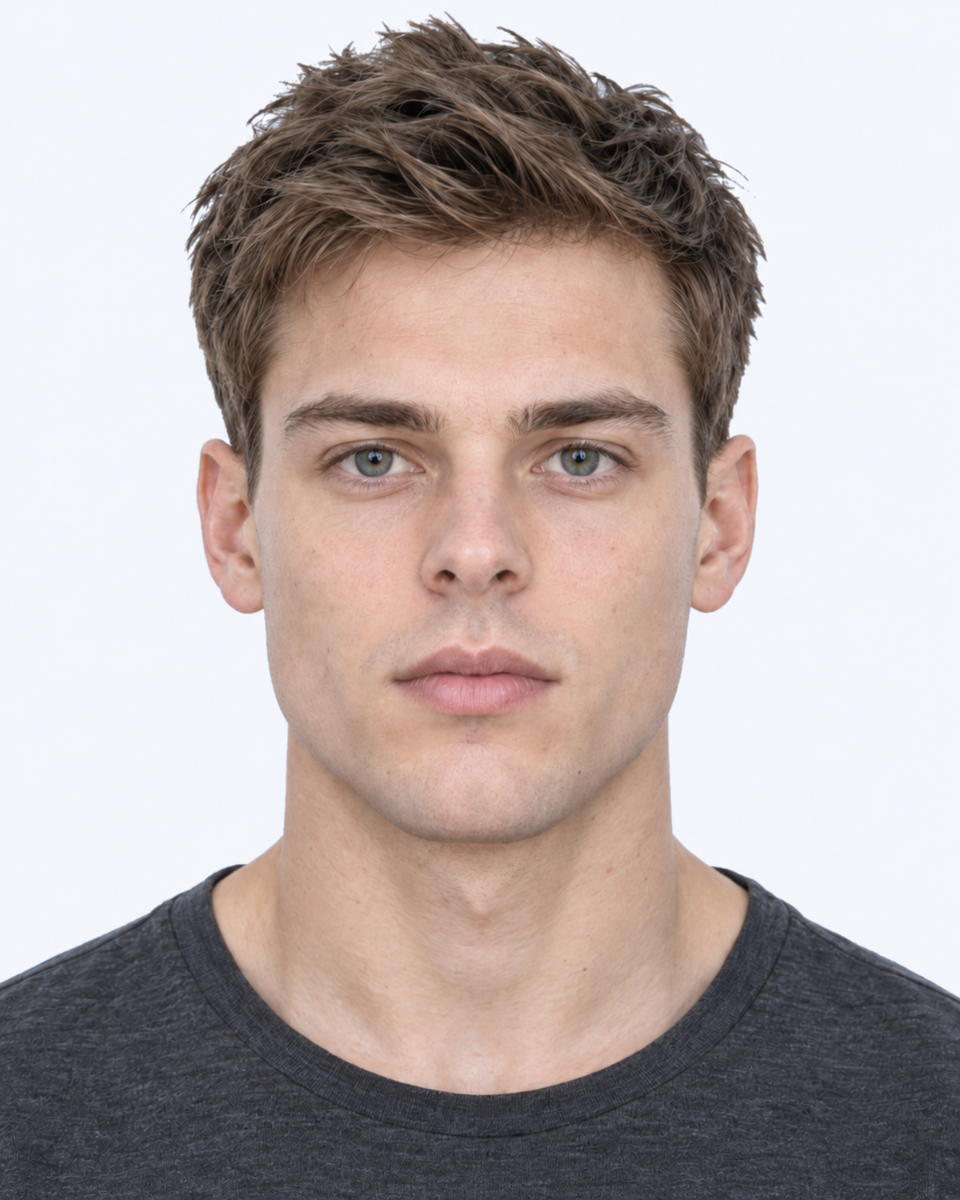 Same-person synthetic frontal portrait: The nasal base sits closer to the outer eye corners, widening the angle.