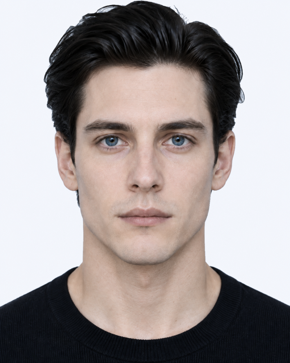 Same-person synthetic frontal portrait: The lower lip is thinner vertically relative to the upper lip.