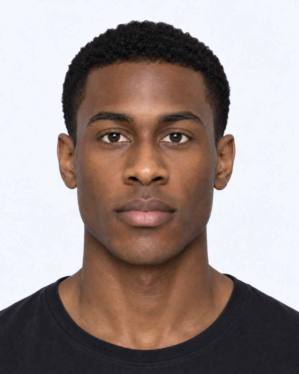 Same-person synthetic frontal portrait: Narrower pupil spacing makes the unchanged mouth wider by comparison.