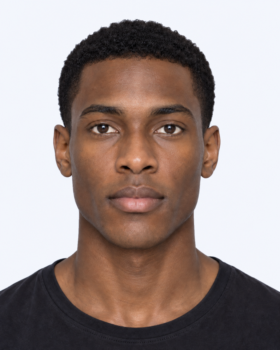 Same-person synthetic frontal portrait: Wider pupil spacing makes the unchanged mouth narrower by comparison.
