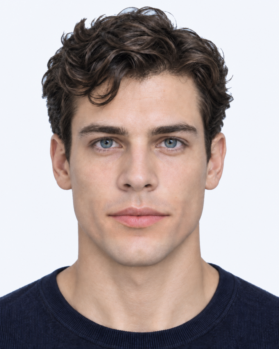 Same-person synthetic frontal portrait: The nasal base is broader relative to the mouth.