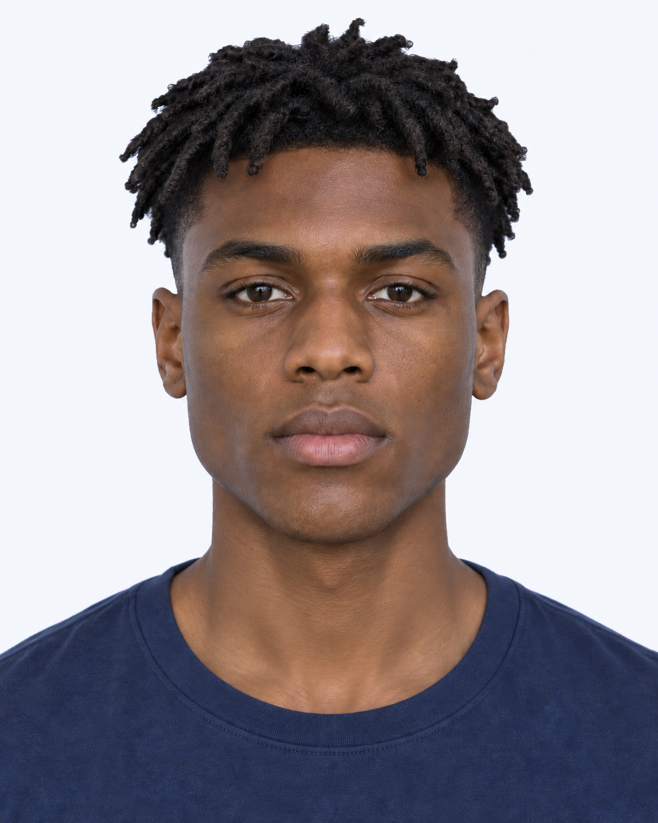 Same-person synthetic frontal portrait: The neck is narrower beneath the jaw.