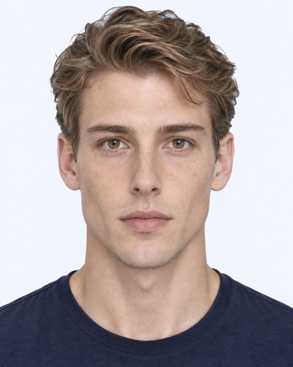 Same-person synthetic frontal portrait: The nasal base is narrower relative to nose height.