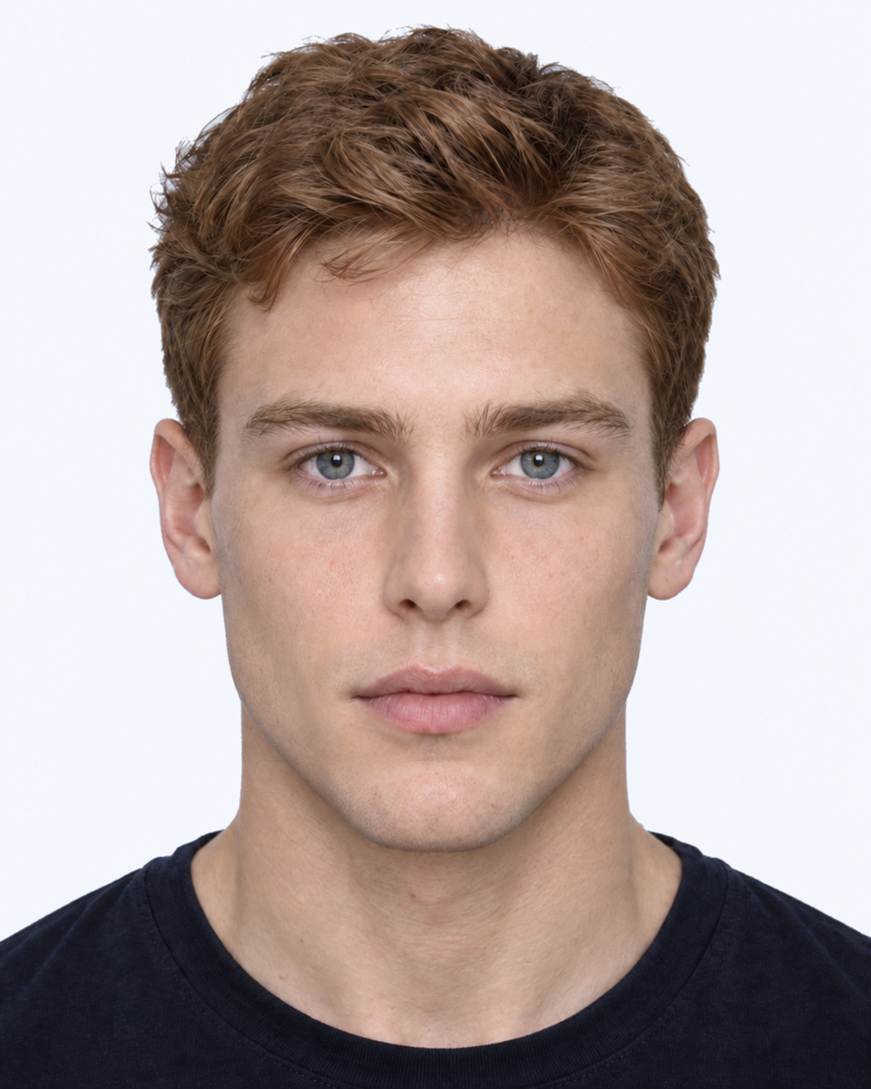 Same-person synthetic frontal portrait: The nasal base is narrower relative to cheekbone width.