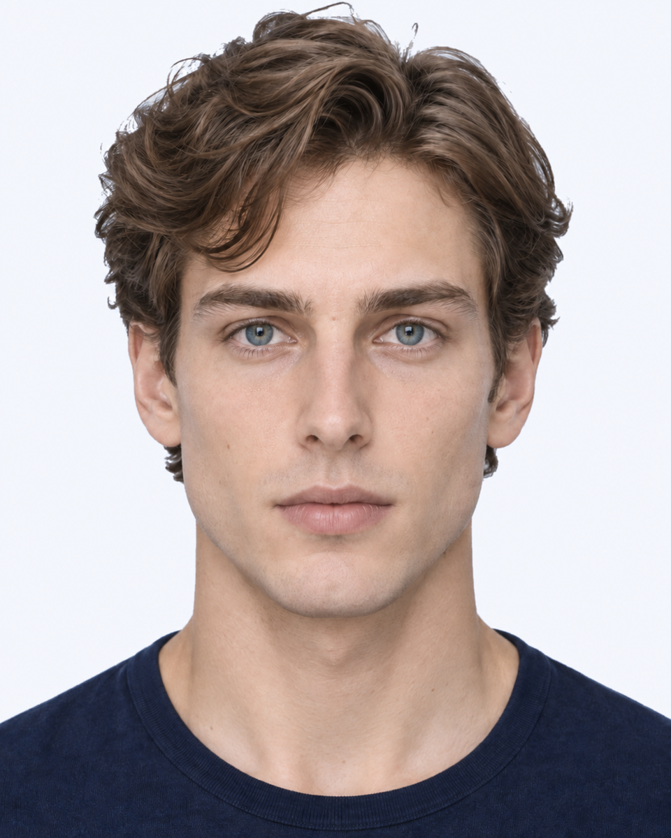 Same-person synthetic frontal portrait: The nasal base is narrower relative to the inner-eye gap.