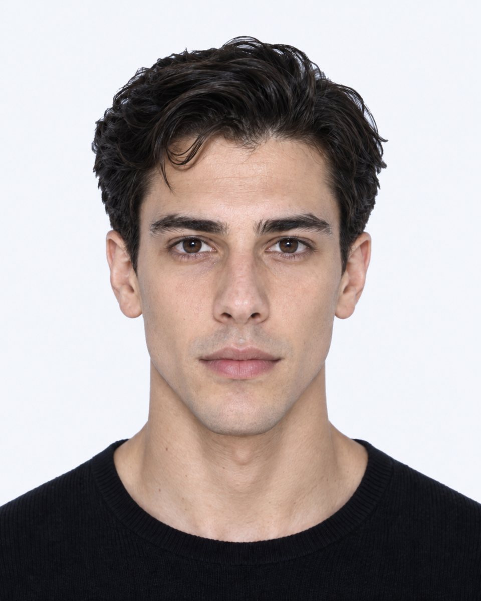 Same-person synthetic frontal portrait: The cheekbones are narrower relative to total facial height.
