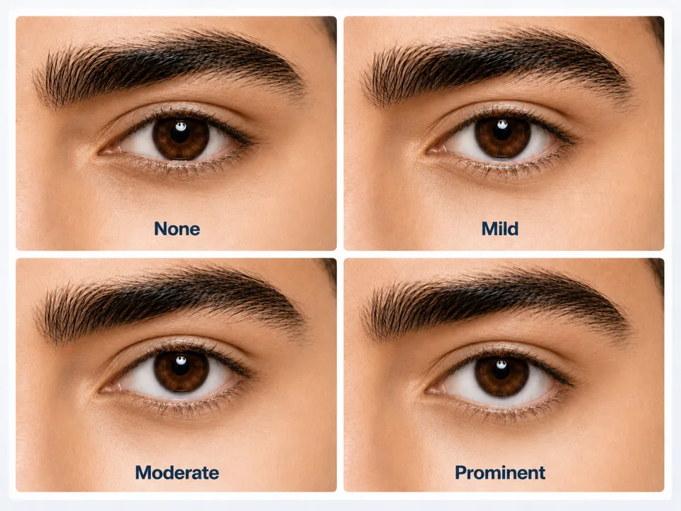 Cropped eye diagram showing lower iris, lower eyelid, and visible sclera measurement band with analysis overlays